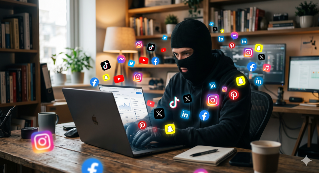 Masked hacker typing on a laptop as colorful social media icons float around him in a home office setting.