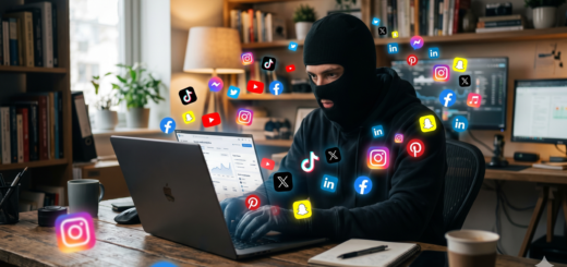 Masked hacker typing on a laptop as colorful social media icons float around him in a home office setting.