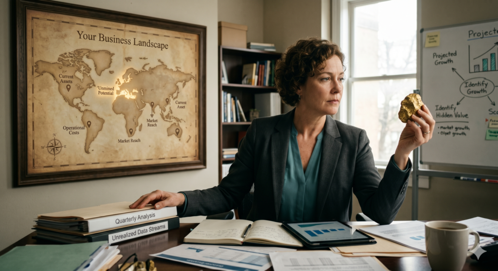 Gemini_Generated_Image_vleladvleladvlel - SaltMinePublishing.com Professional woman in a blazer sits at a desk, holding a gold rock while examining charts on a whiteboard in a bright office. A world map poster titled 'Your Business Landscape' hangs on the wall behind her, with stacks of binders labeled 'Quarterly Analysis' and 'Unrealized Data Streams' on the desk.