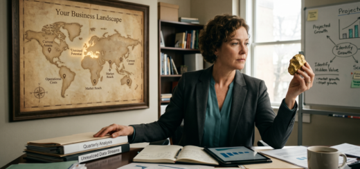Professional woman in a blazer sits at a desk, holding a gold rock while examining charts on a whiteboard in a bright office. A world map poster titled 'Your Business Landscape' hangs on the wall behind her, with stacks of binders labeled 'Quarterly Analysis' and 'Unrealized Data Streams' on the desk.