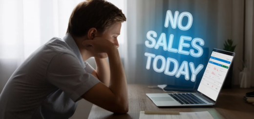 Man sits at a desk with a laptop, looking down pensively as a neon sign reads 'NO SALES TODAY' beside the screen.