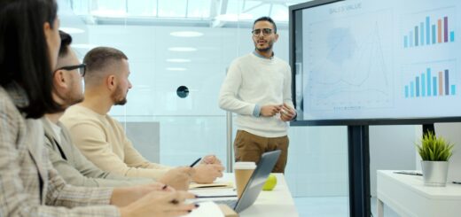 Presenter explaining sales charts to a seated team in a glass-walled conference room.