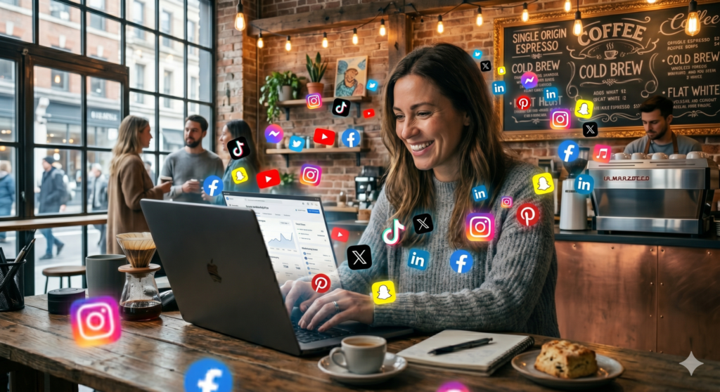 Woman smiling at a laptop in a cafe with colorful social media icons floating around her near the screen.