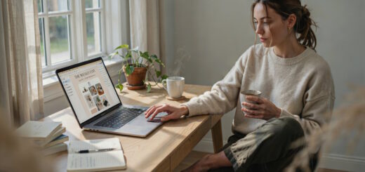 Woman sitting at a wooden desk, working on a laptop with a mug and plant nearby by a sunlit window.