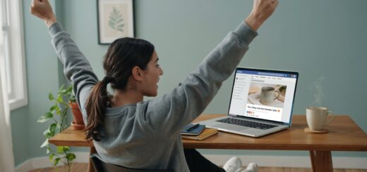 Person at a wooden desk raises arms in celebration while looking at a laptop screen.